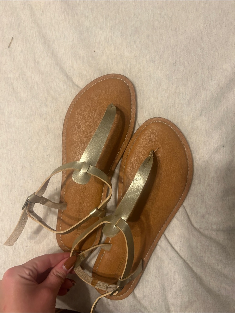 Amazon Essentials Tan Sandals with Gold Straps